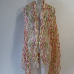 NWT Womens Tina Demel Handmade Oversized Pink, White, Green Fringed Silk Scarf